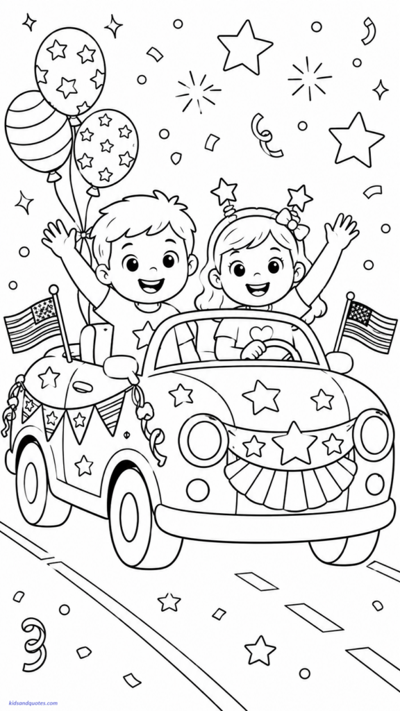 Parade convertible with stars and banners.