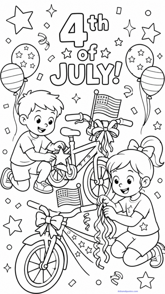 Kids decorating bicycles with stars and streamers.