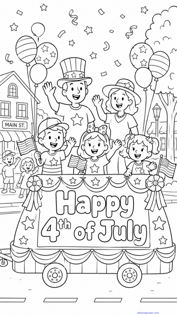 Free patriotic coloring page: People waving from a small-town parade float.
