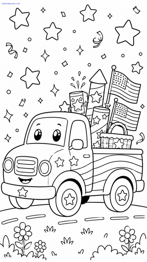 Pickup truck carrying fireworks boxes and flags.