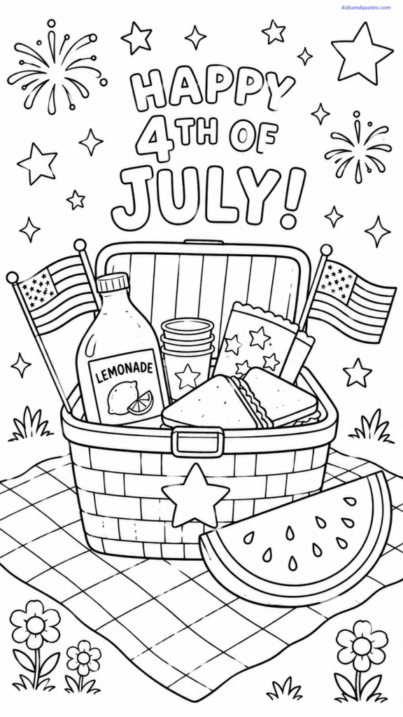 Fourth of July coloring page: Picnic basket with flags, lemonade, and watermelon.