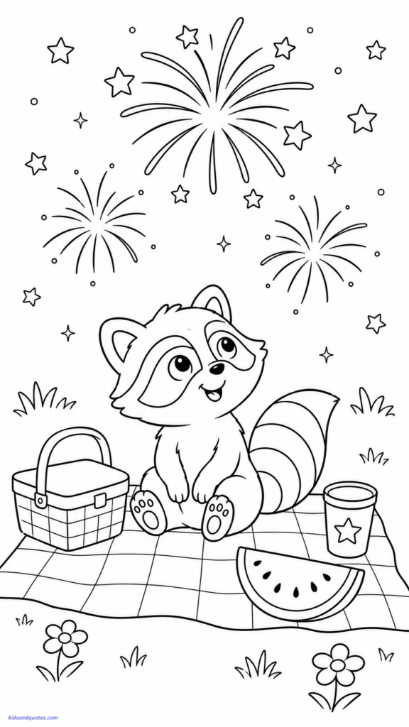 Fourth July coloring page of a Raccoon watching fireworks from a picnic blanket.

