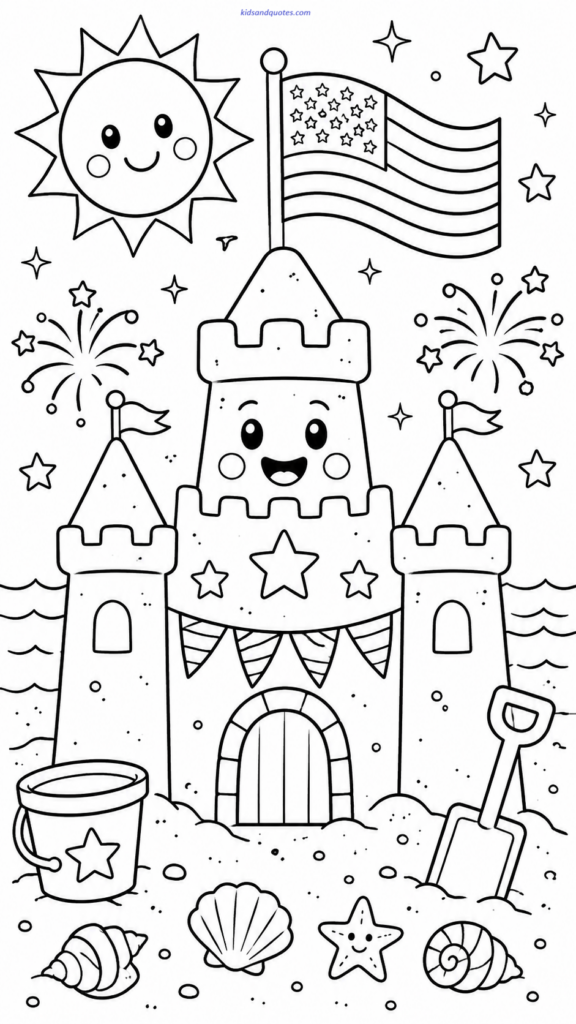 Sandcastle with an American flag on top.