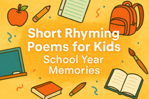 An illustration with pencils, pens, apples, school bags, paint brushes, notebooks, and colorful ribbons reflective of school year memories - short rhyming poems for kids