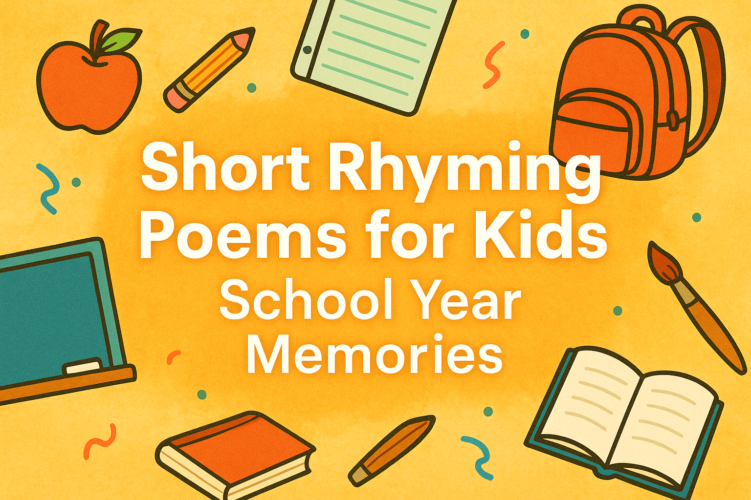 An illustration with pencils, pens, apples, school bags, paint brushes, notebooks, and colorful ribbons reflective of school year memories - short rhyming poems for kids