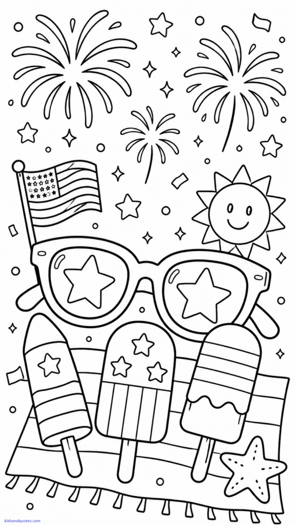 Sunglasses, popsicles, and fireworks in the background.