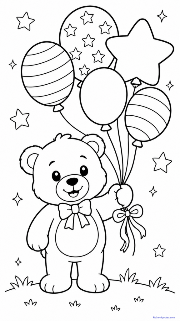 Teddy bear holding red, white, and blue balloons.