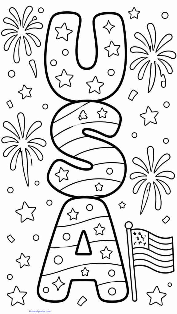 4th July Coloring Page: “USA” bubble letters with fireworks.