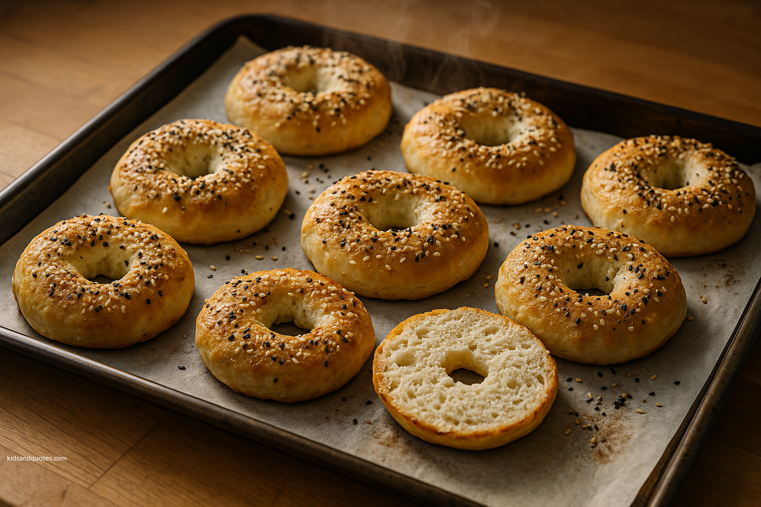 A tray of freshly baked cottage cheese bagels, golden brown and topped with everything bagel seasoning, resting on parchment paper. One bagel is sliced open to reveal its soft, airy interior. Steam rises gently from the warm bagels, set on a wooden kitchen counter.