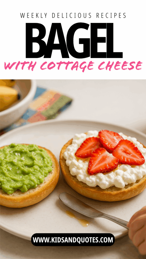 A close-up of an open-faced bagel on a plate shows one half topped with mashed avocado and the other with whipped cottage cheese and sliced strawberries. A child’s hand and a butter knife appear in the corner.