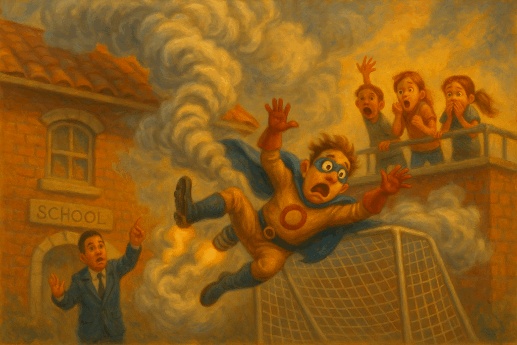 A whimsical oil painting depicts a superhero in a yellow and red costume, mid-air with a panicked expression, crashing into a soccer goal net during a school fire drill. Thick swirls of smoke fill the scene, as three shocked children watch from the rooftop and a school principal below points in alarm. The warm, painterly style adds a playful tone to the chaotic moment.