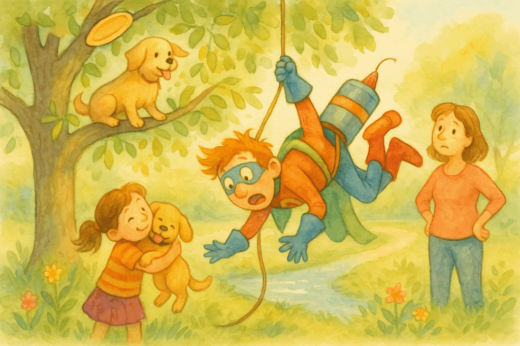 A cheerful watercolor illustration shows a clumsy superhero dangling upside down from a rope in a park while trying to rescue a golden retriever puppy stuck in a tree. A young girl hugs the puppy, now safely on the ground, while a frisbee and another dog remain in the tree. A woman stands nearby with an unimpressed expression. The scene is playful and heartwarming, filled with soft greens and warm sunshine.