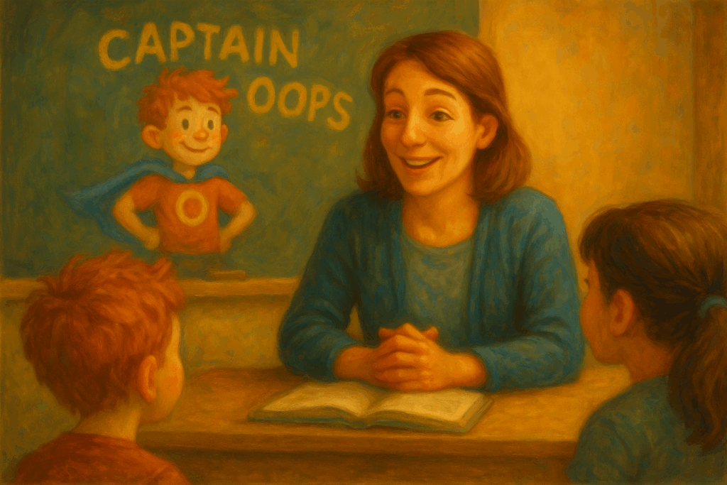 A warm oil painting shows a cheerful teacher sitting at a desk, reading to two young students in a cozy classroom. Behind her, a chalkboard features a playful drawing of a red-haired superhero labeled “Captain Oops.” The teacher smiles brightly, hands clasped over an open book, as the children listen with curiosity. The scene glows with golden light and a welcoming, storytime atmosphere.