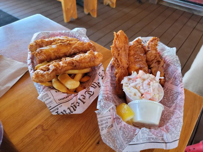 Fish and Chips served on a table at GB Fish & Chips, Denver.
