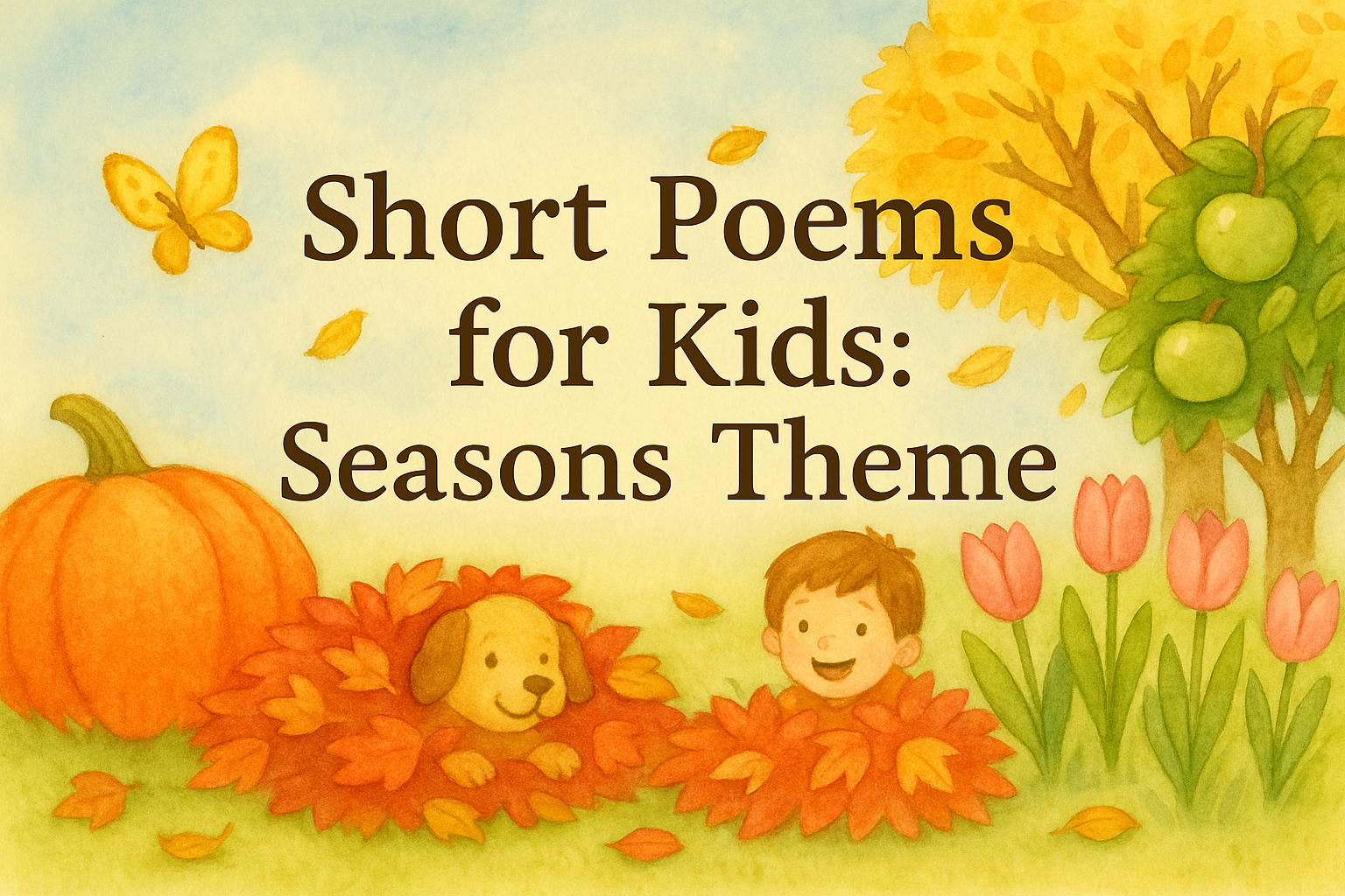 A cheerful watercolor illustration showing a child and a dog playing in a pile of autumn leaves, surrounded by a pumpkin, blooming tulips, apple trees, and a fluttering butterfly under a soft blue sky. The scene blends elements of spring and fall, evoking a playful seasonal atmosphere.