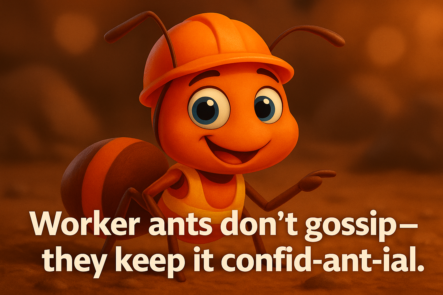 Ant puns - an ant dressed as worker with a safety cap, smiling.