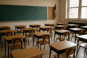 An empty American classroom with rows of wooden desks and chairs, a large green chalkboard, bulletin board, and U.S. flag on the wall, sunlight streaming through tall windows.