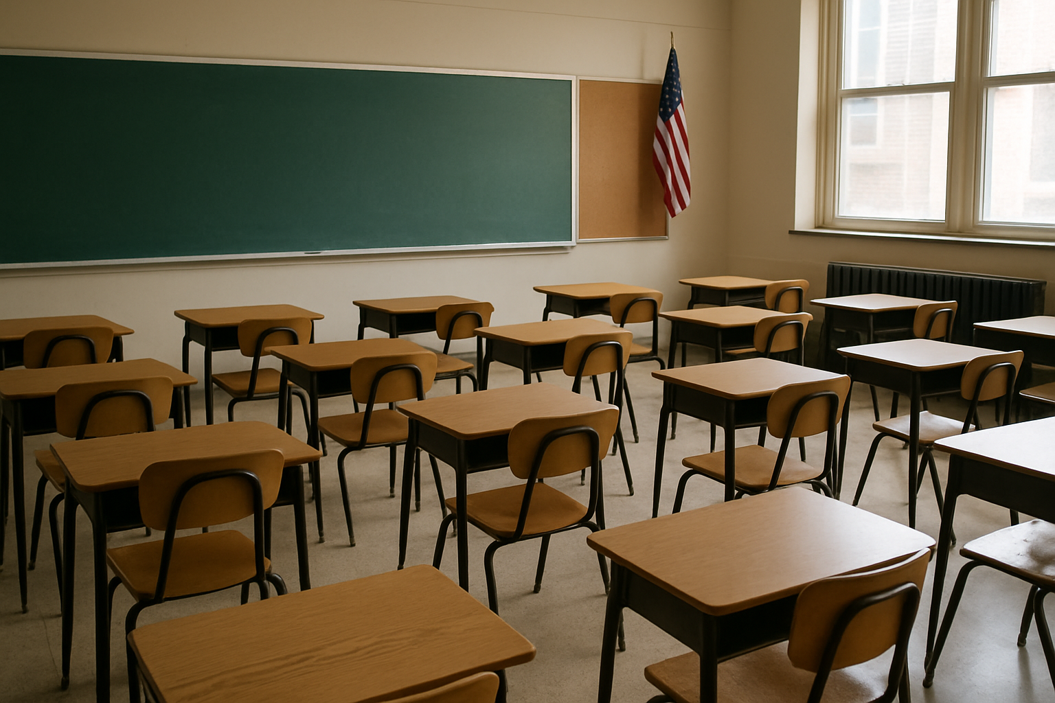 An empty American classroom with rows of wooden desks and chairs, a large green chalkboard, bulletin board, and U.S. flag on the wall, sunlight streaming through tall windows.