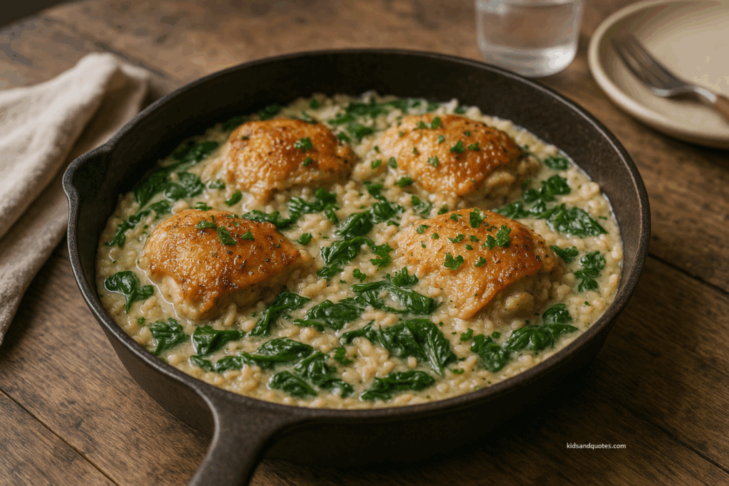 Skillet of garlic chicken and rice with spinach stirred in, creamy sauce coating rice, fresh parsley sprinkled on top, rustic dinner table setting.