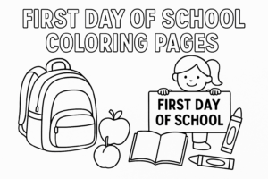 Coloring Page - School bag, Crayons, Apples, Books, and a kid holding a small banner 'First Day of School'.