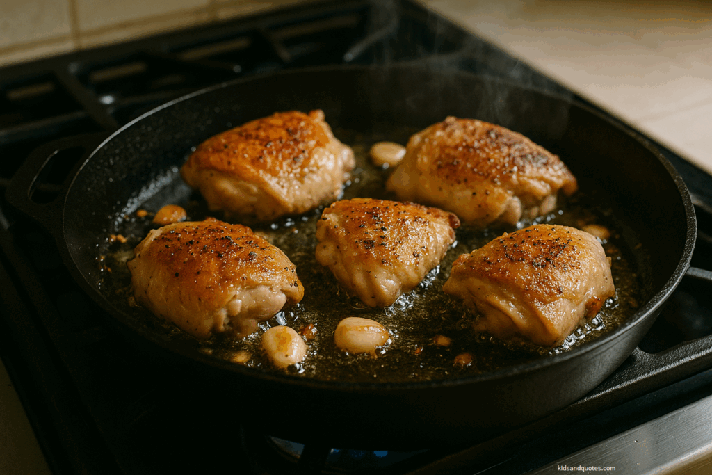 Close-up shot of chicken thighs sizzling in a cast-iron skillet, skin crisping to golden brown, small garlic cloves visible in oil, natural stove-top kitchen background.