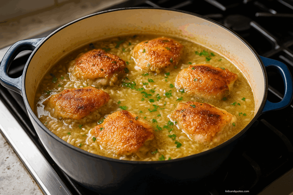 Chicken pieces arranged over simmering rice in a deep Dutch oven, broth bubbling gently, herbs scattered. Realistic stovetop setting, natural kitchen lighting.