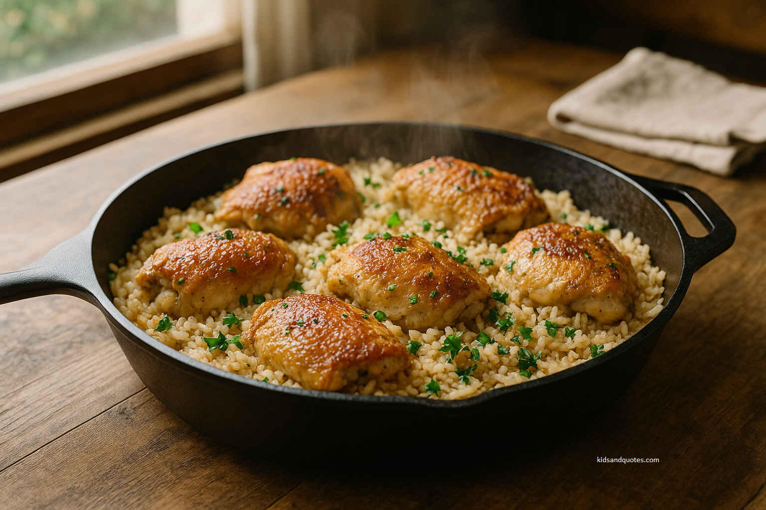 A freshly cooked skillet of garlic chicken and rice, served family-style on a wooden kitchen table. Juicy golden-brown chicken thighs nestled in fluffy rice speckled with parsley and garlic, steam rising naturally. Natural daylight from the side window, rustic family kitchen vibe, realistic textures (crispy chicken skin, glossy rice grains).