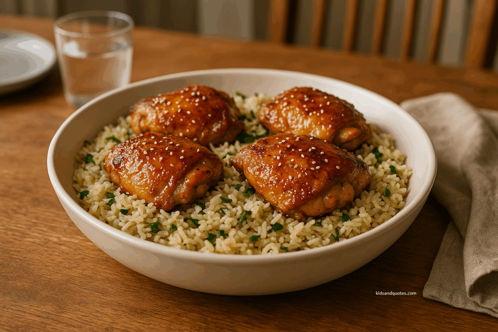 Glazed chicken thighs with shiny honey-garlic coating on rice, sesame seeds sprinkled lightly, served in a white bowl, family-style dinner table.