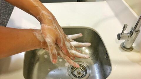 Washing hands with soap in a sink.