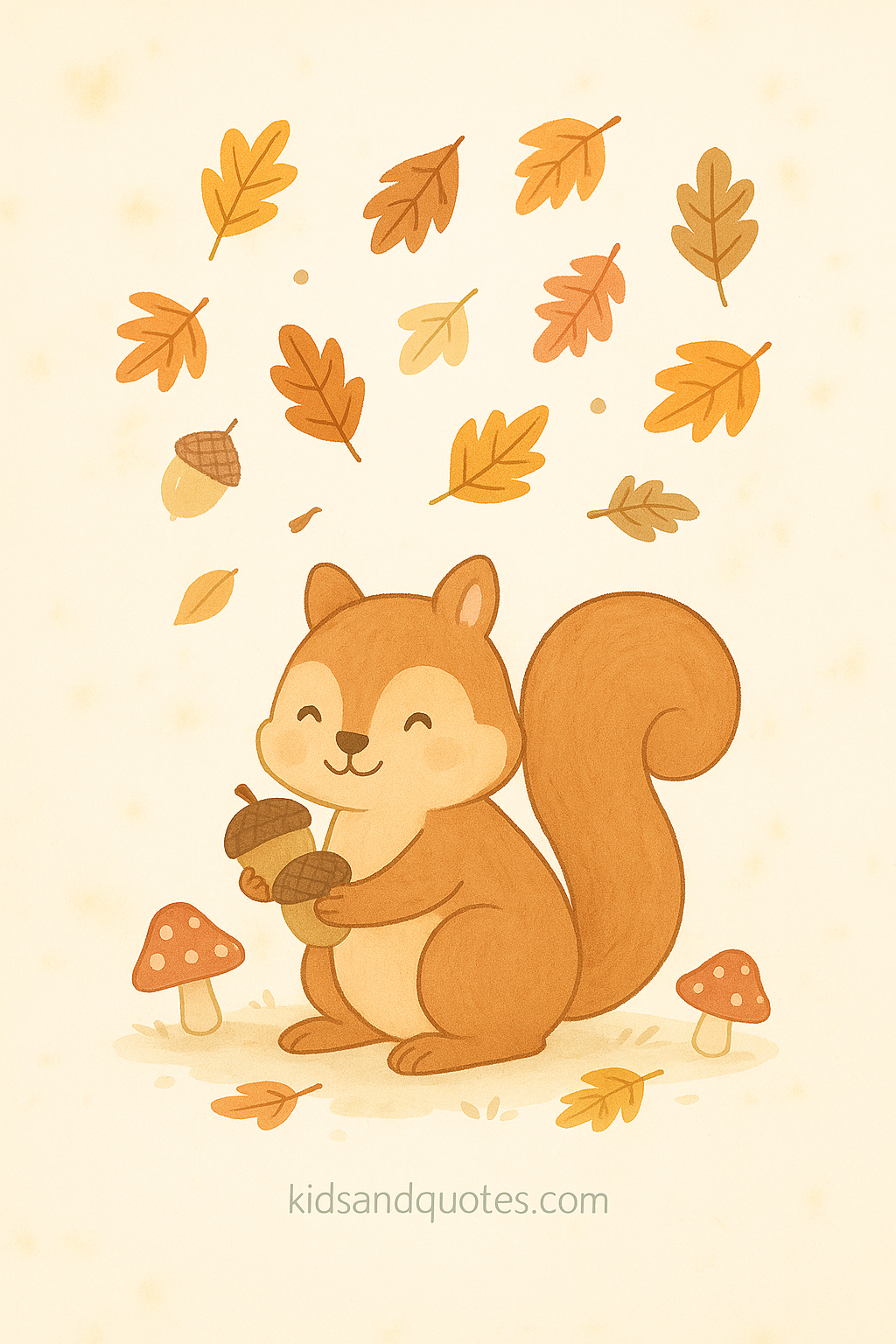 A cute cartoon-style squirrel holding acorns, surrounded by falling leaves and small mushrooms, on a soft textured background (sepia / blush / cream).