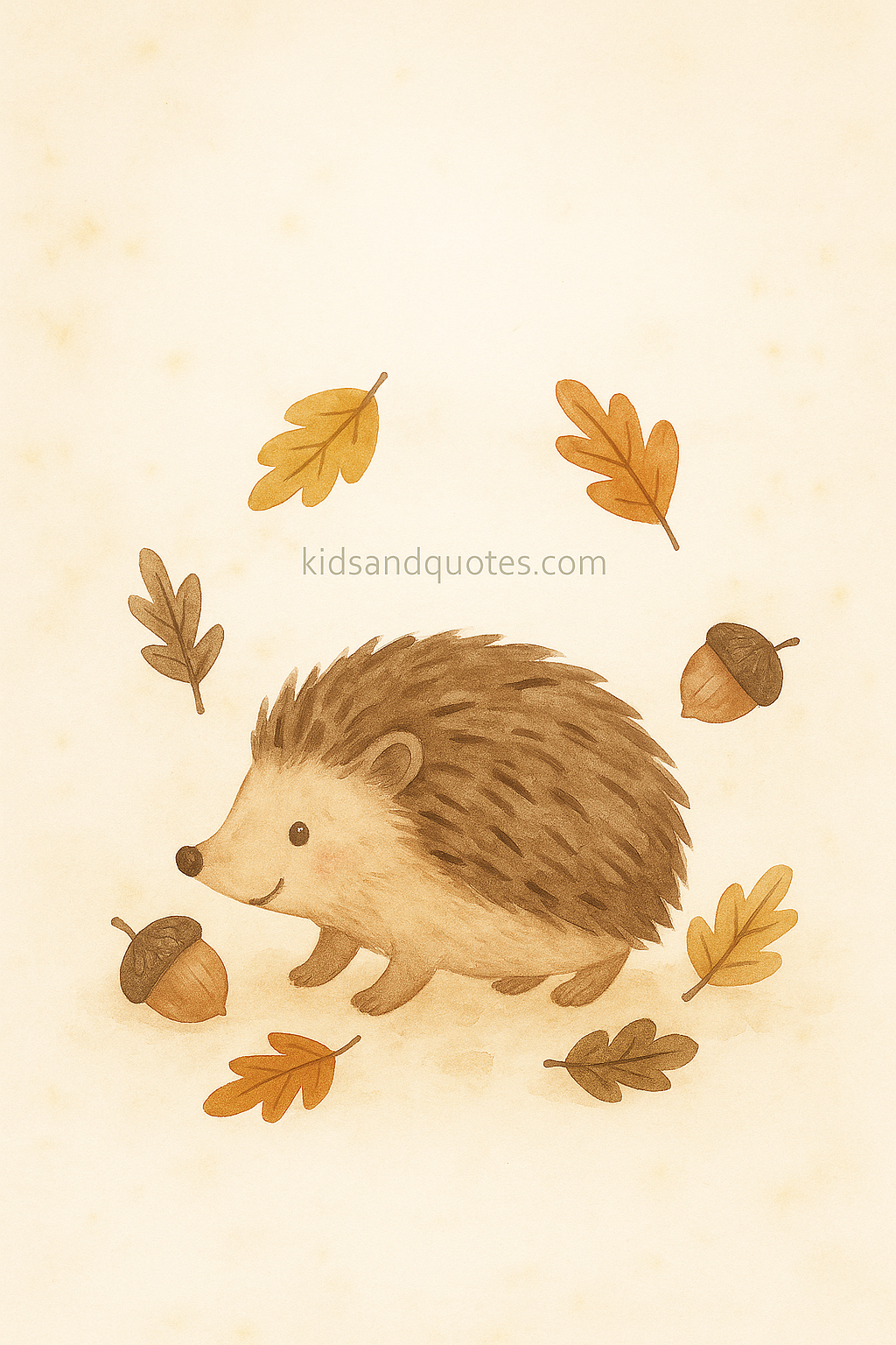 A small hedgehog curled or walking, with leaves and acorns around it, in a sketchy/watercolor style, warm earthy palette.