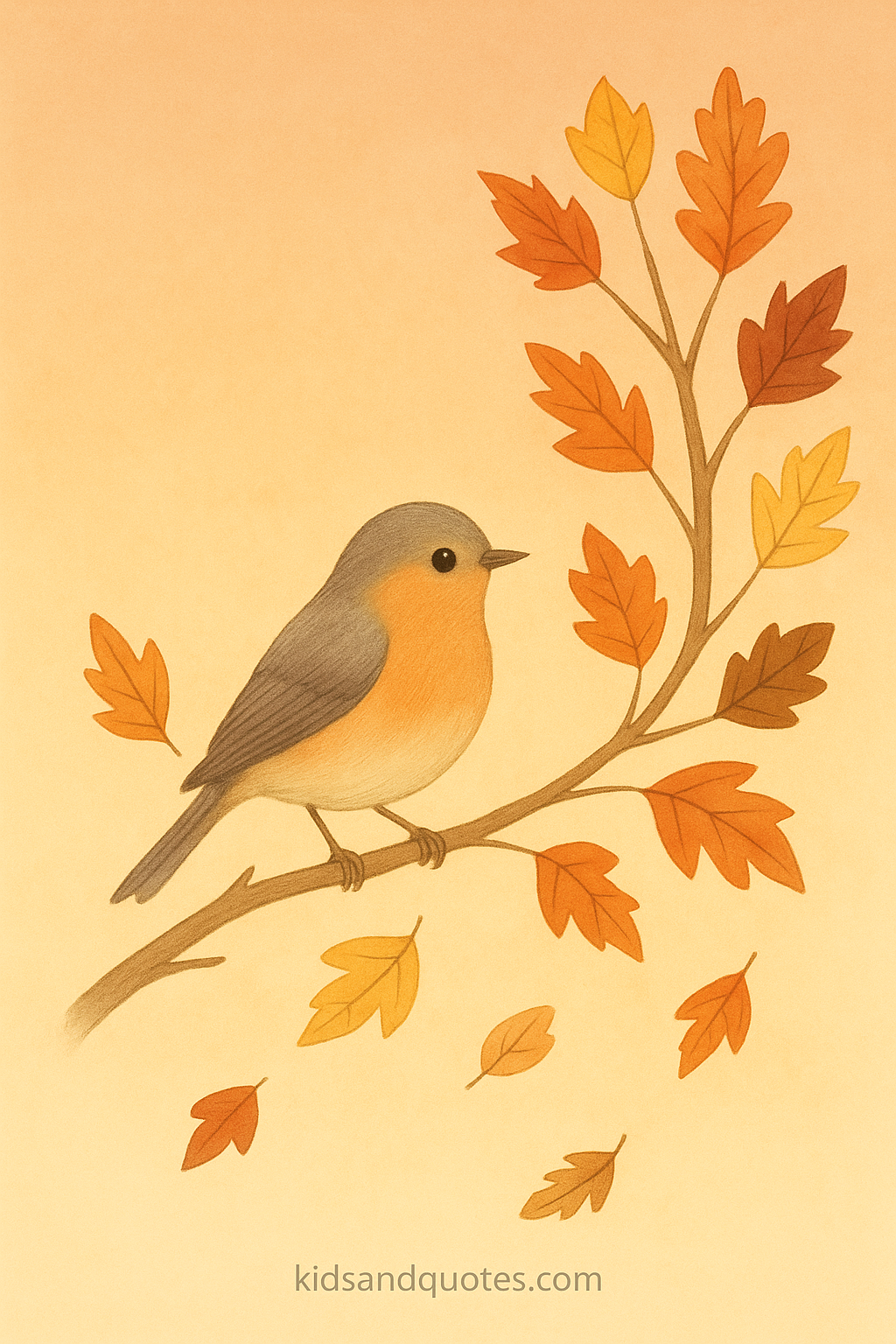 A small songbird perched on a slender branch, with autumn leaves in changing colors, soft gradient sky behind (sunset tones).