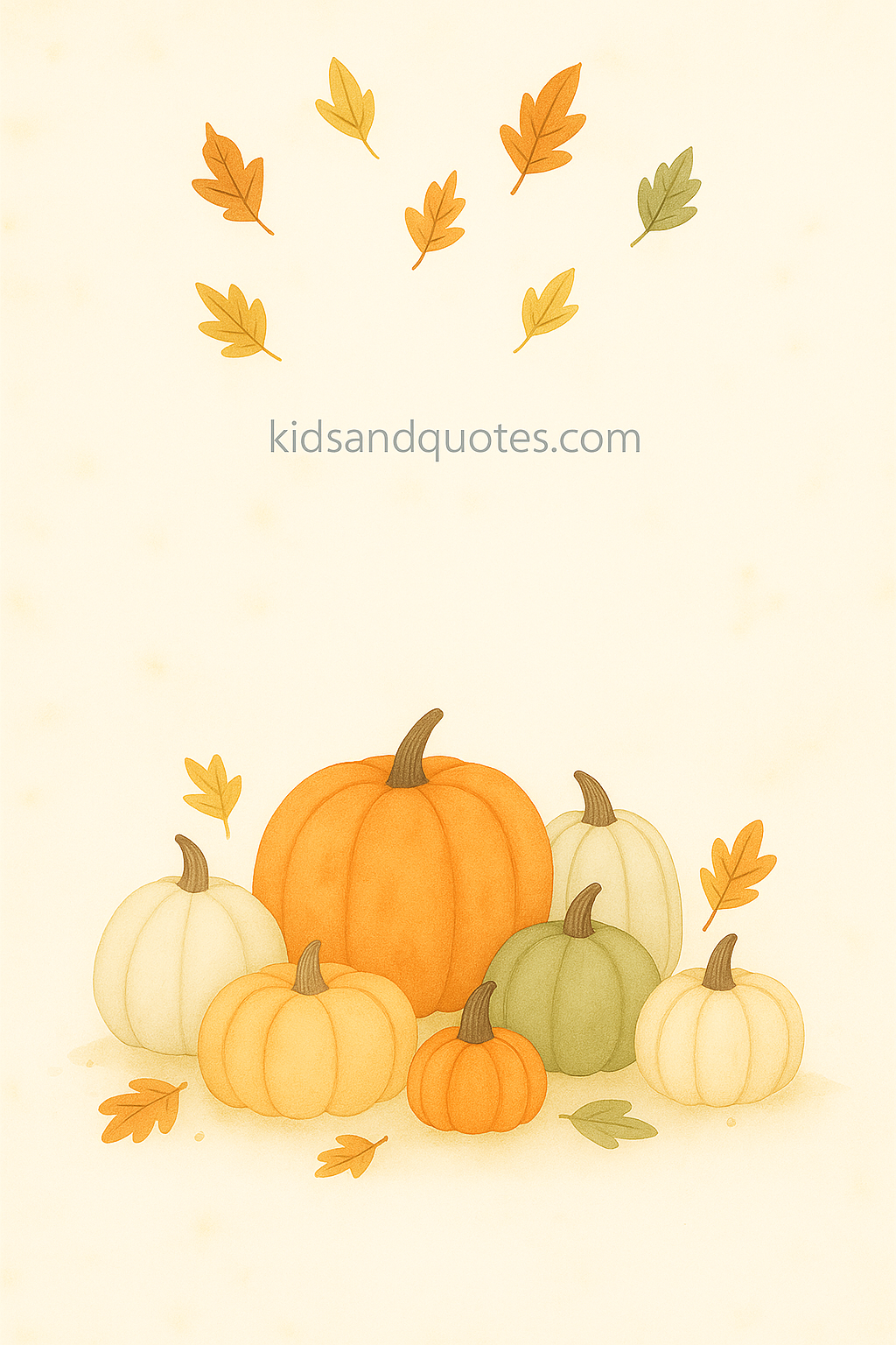 A soft watercolor illustration of assorted pumpkins and gourds (small, medium, large) grouped together on the ground, with gentle shadowing, a few fallen leaves scattered, in warm pumpkin-orange / cream / muted green palette, with plenty of negative space around edges.