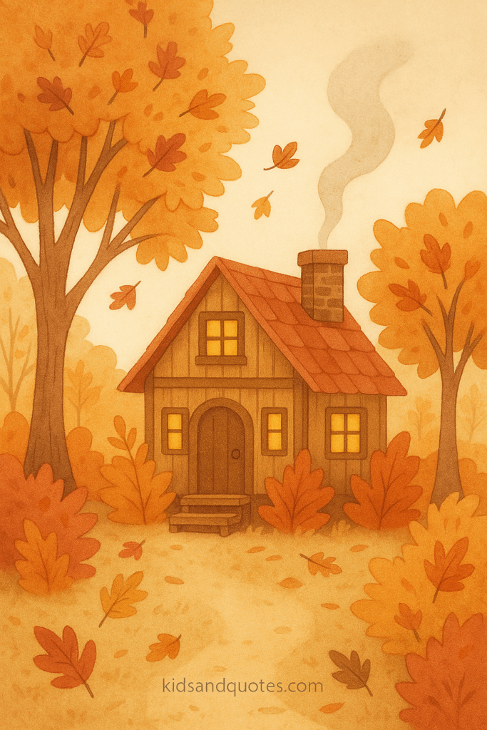 A cozy little cabin or treehouse tucked among trees in autumn leaves crumbling, smoke from chimney, warm window glow, background in soft, muted tones.
