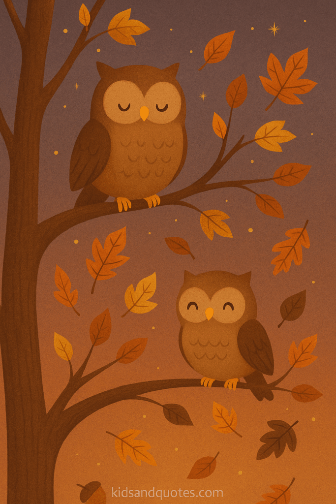 A pair of stylized owls sitting on branches, leaves falling, background dusk sky, subtle stars, in rich warm colors but not too dark.