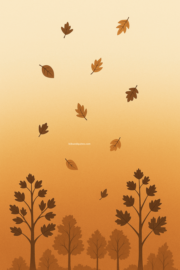 Silhouette of tree line (maple, oak) against a vertical gradient background (cream → copper) with floating leaves, minimalist but evocative.
