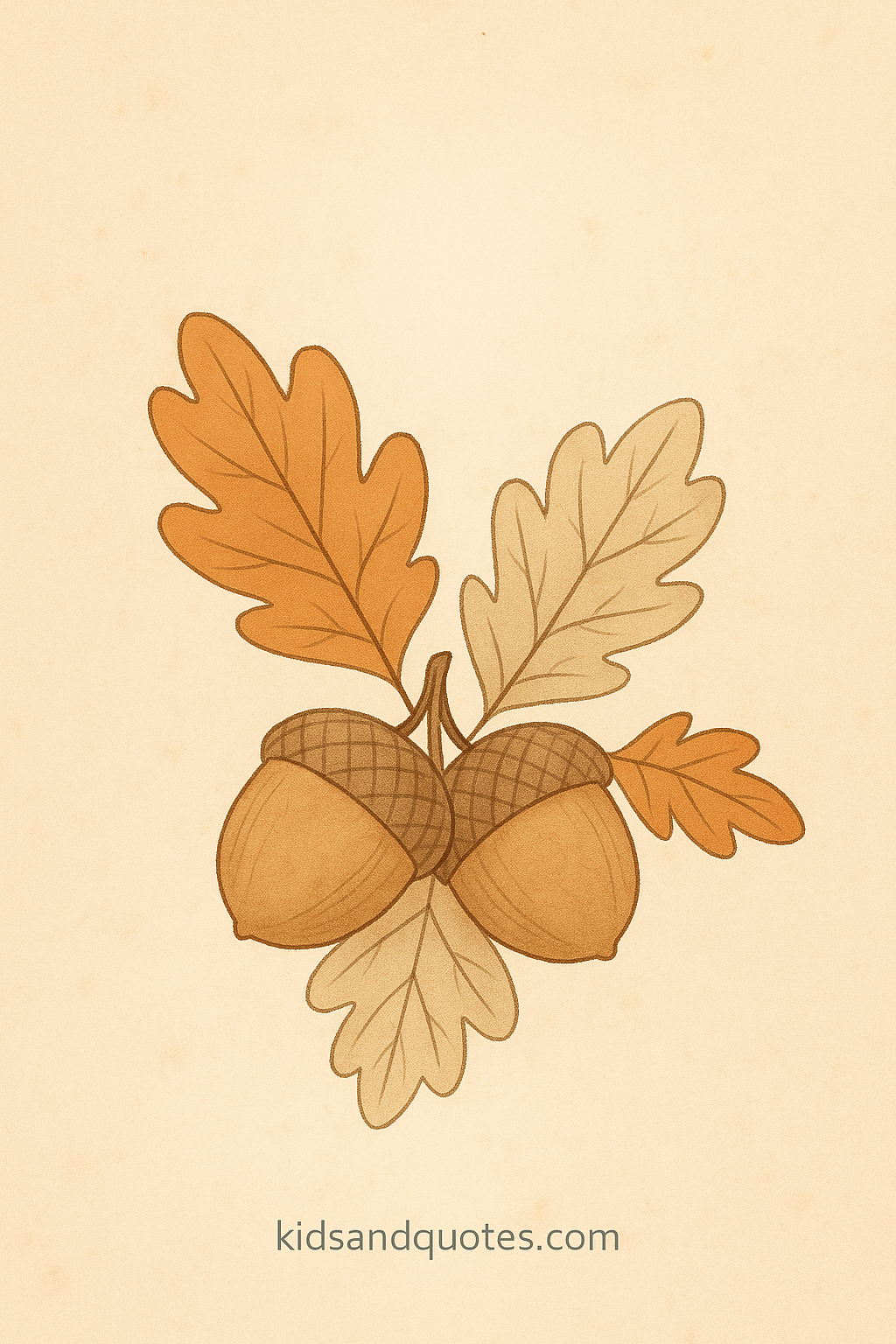 A close-up illustration of a cluster of acorns and oak leaves, textured shading, simple composition, warm neutrals and rust accent.