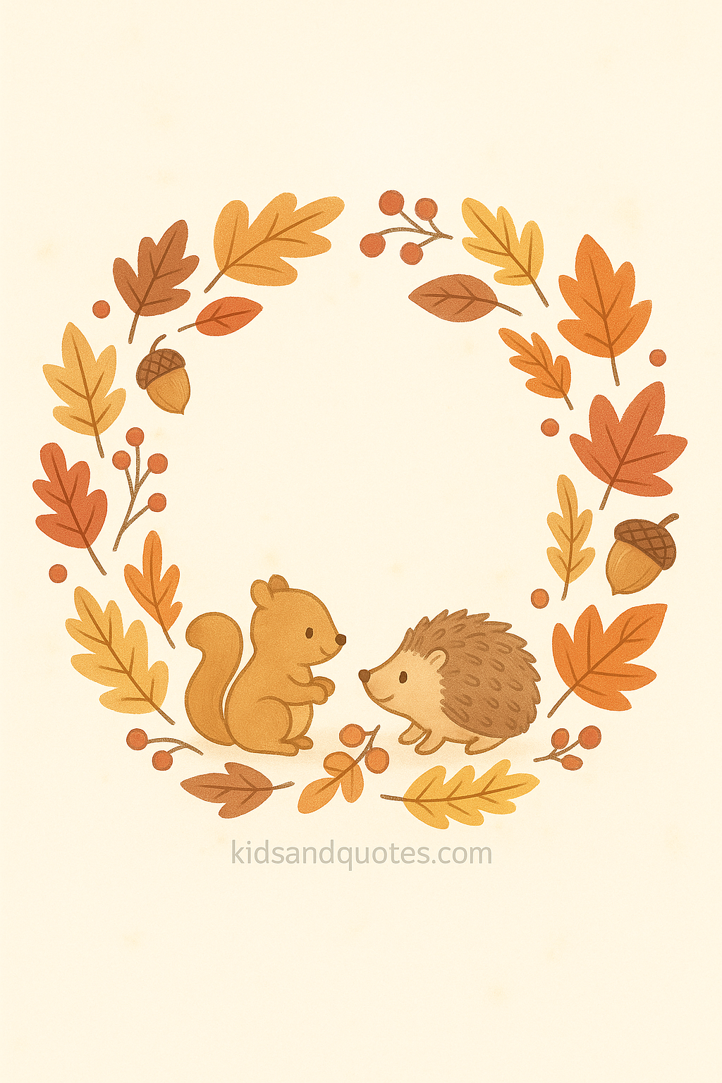 A circular wreath of autumn leaves (maple, oak), interspersed with small berries, acorns, and two small animals (e.g. squirrel + hedgehog) peeking inwards, against a clean backdrop.