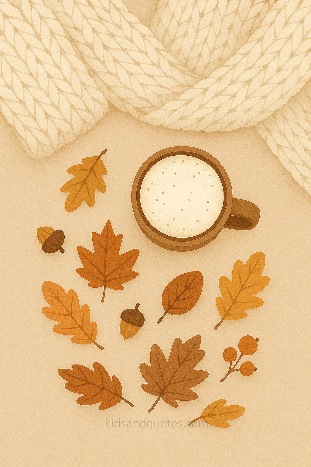 Top-down flat-lay style: draped knitted blanket, a mug of warm drink, scattered leaves & acorns all in autumn colors, soft shadows, on a neutral base.