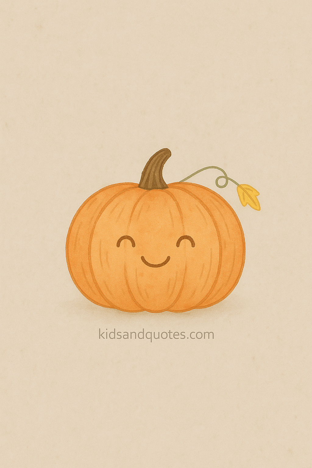 A cute stylized pumpkin in the center, with a subtle happy face (eyes and smile lightly drawn), fine line, textured shading, background a soft cream or warm taupe, small leaf or vine curling around.