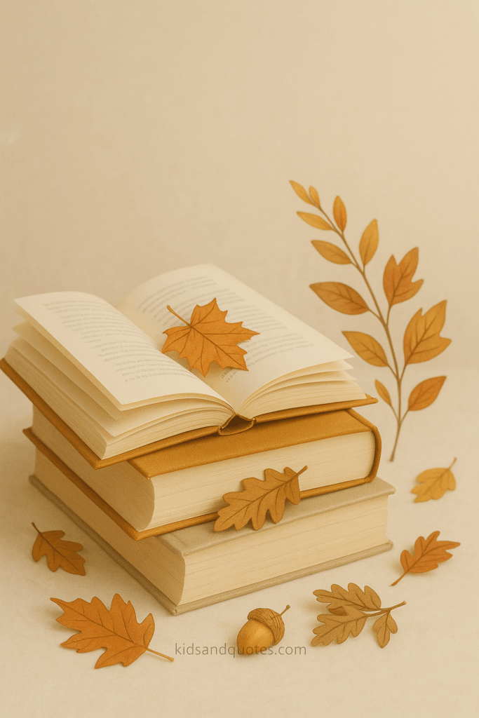 Stack of open & closed books, leaves tucked between pages, a sprig of foliage, soft light, warm tones, gentle shadows.