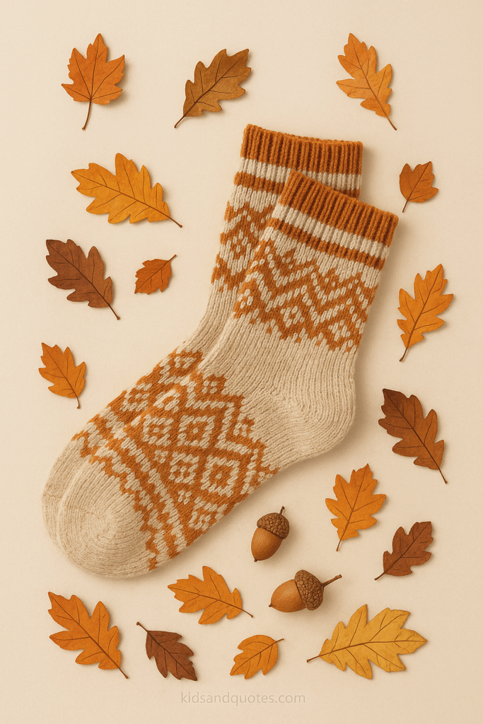 iPhone wallpaper - A cozy pair of woolen socks (patterned) lying among fallen leaves, gentle shadows, warm tones, neutral background.