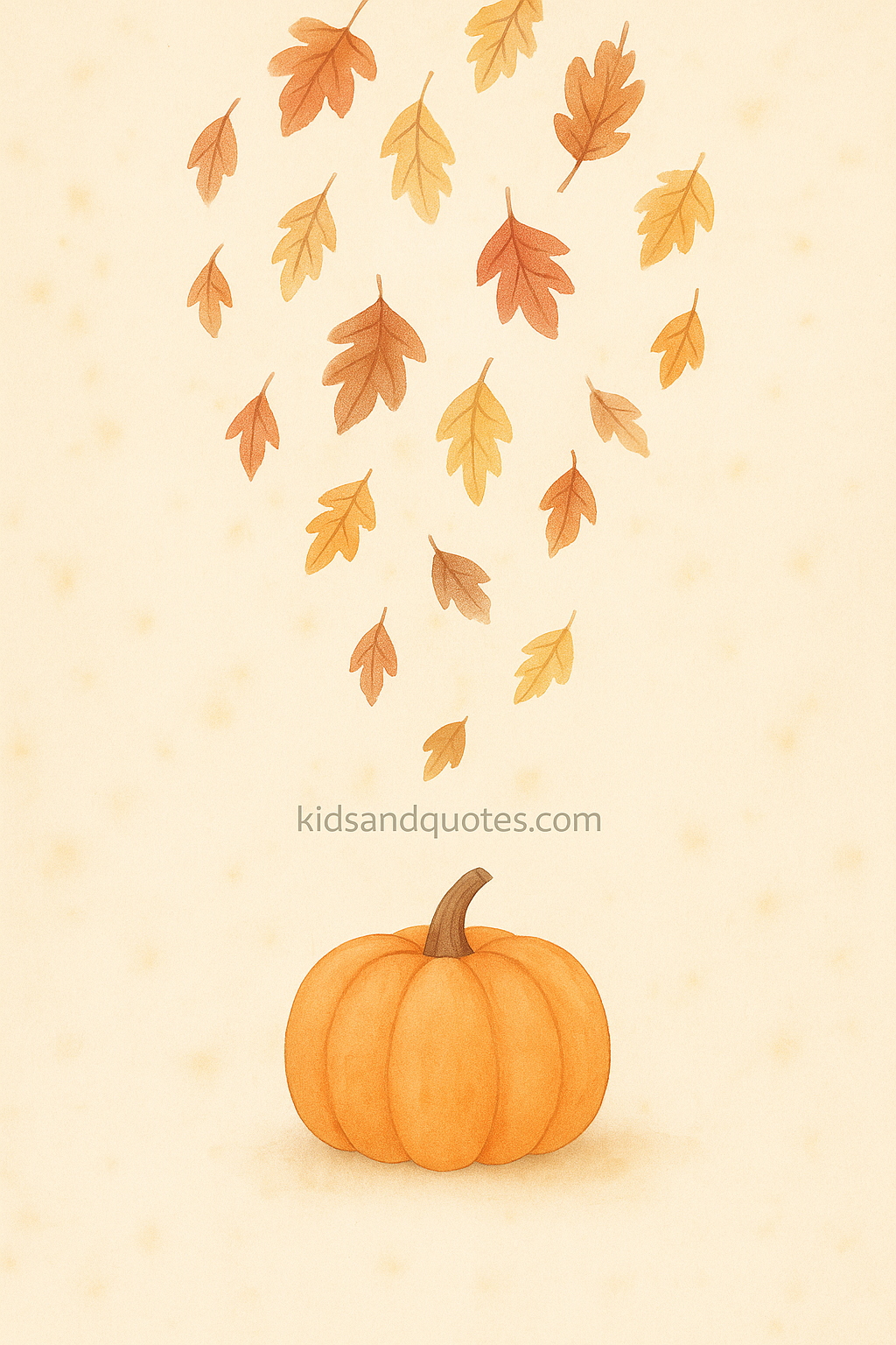 A arrangement where pumpkin(s) sit at the bottom third, above them a gentle cascade of falling maple / oak leaves (in varying stages of color) with semi-transparent overlays, in warm reds, golds and browns.