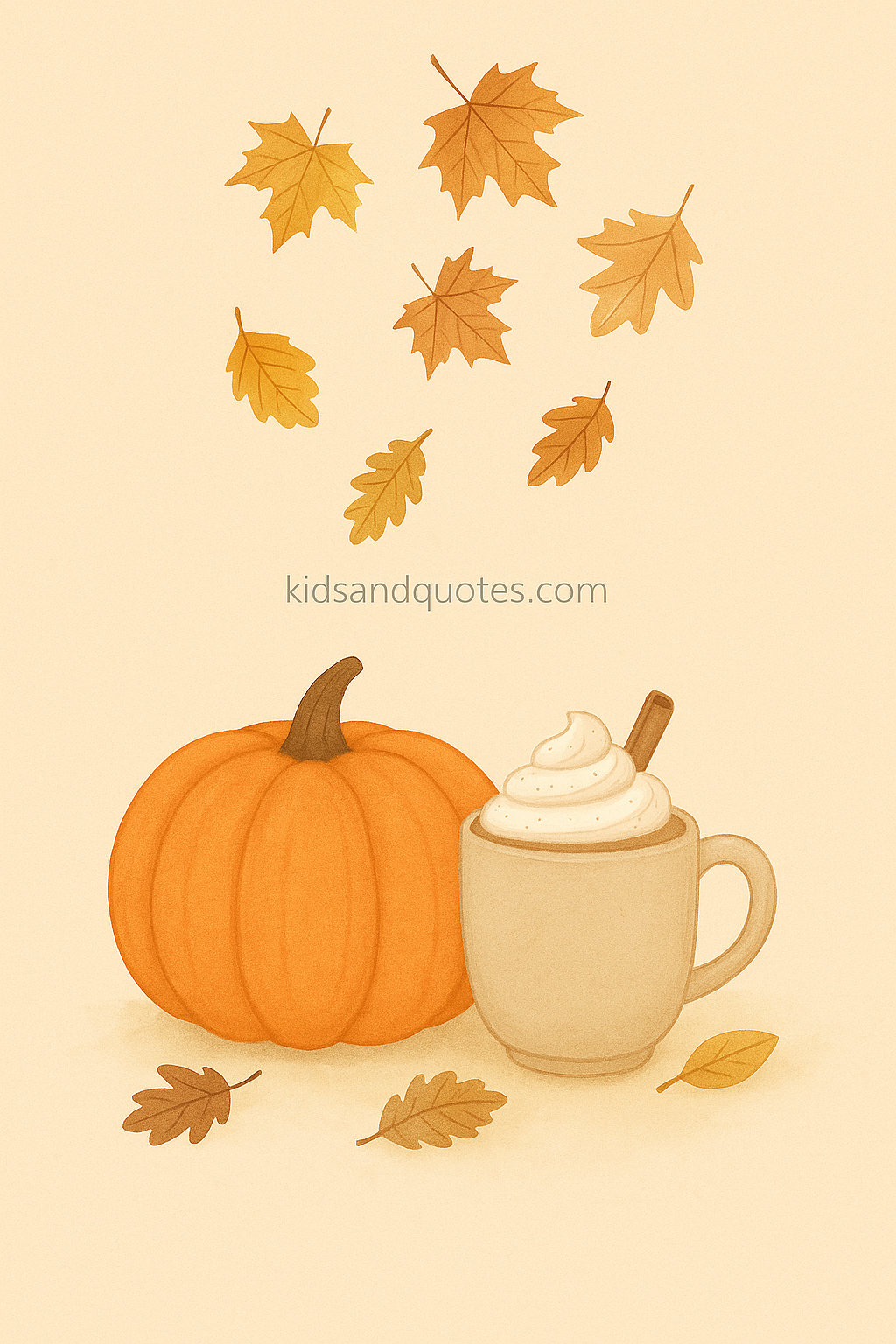 Illustration combining a pumpkin next to a warm mug of latte with whipped cream and a cinnamon stick, leaf accents around, in a cozy palette of amber, soft brown, cream