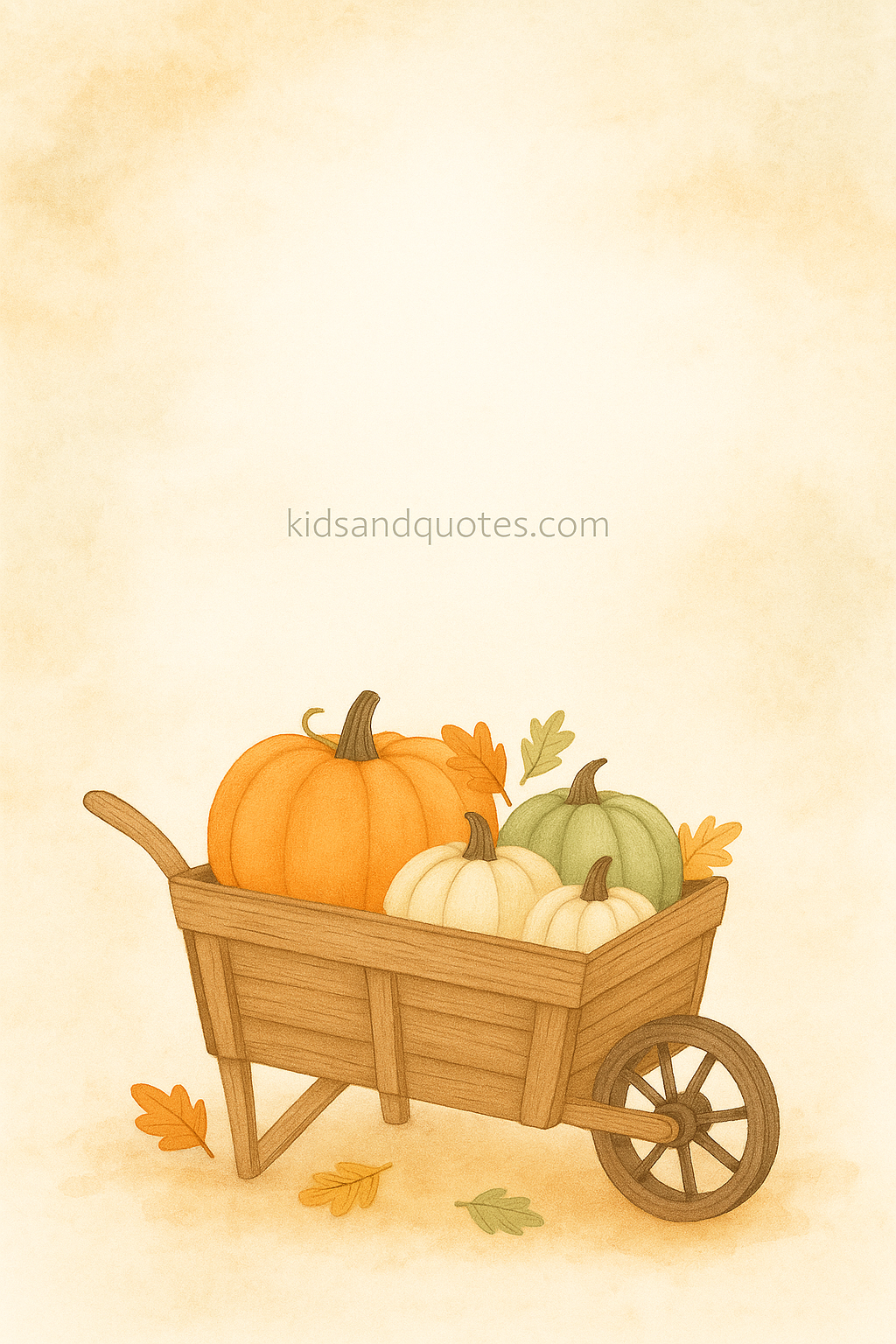 A rustic wooden wheelbarrow or small wagon overflowing with pumpkins, leaves, gourds, set on a soft field or hay background with light texture (paper collage or watercolor wash).