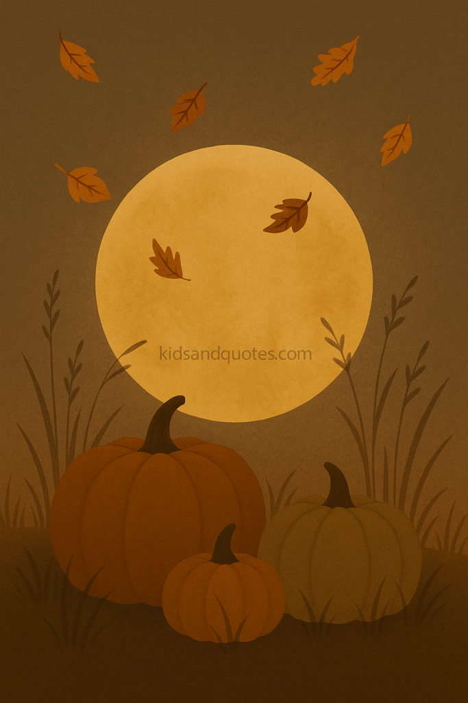 Night or dusk scene with a large pale harvest moon behind a silhouette of pumpkins and grasses; leaves drifting; the overall tone muted gold / cinnamon / deep taupe.