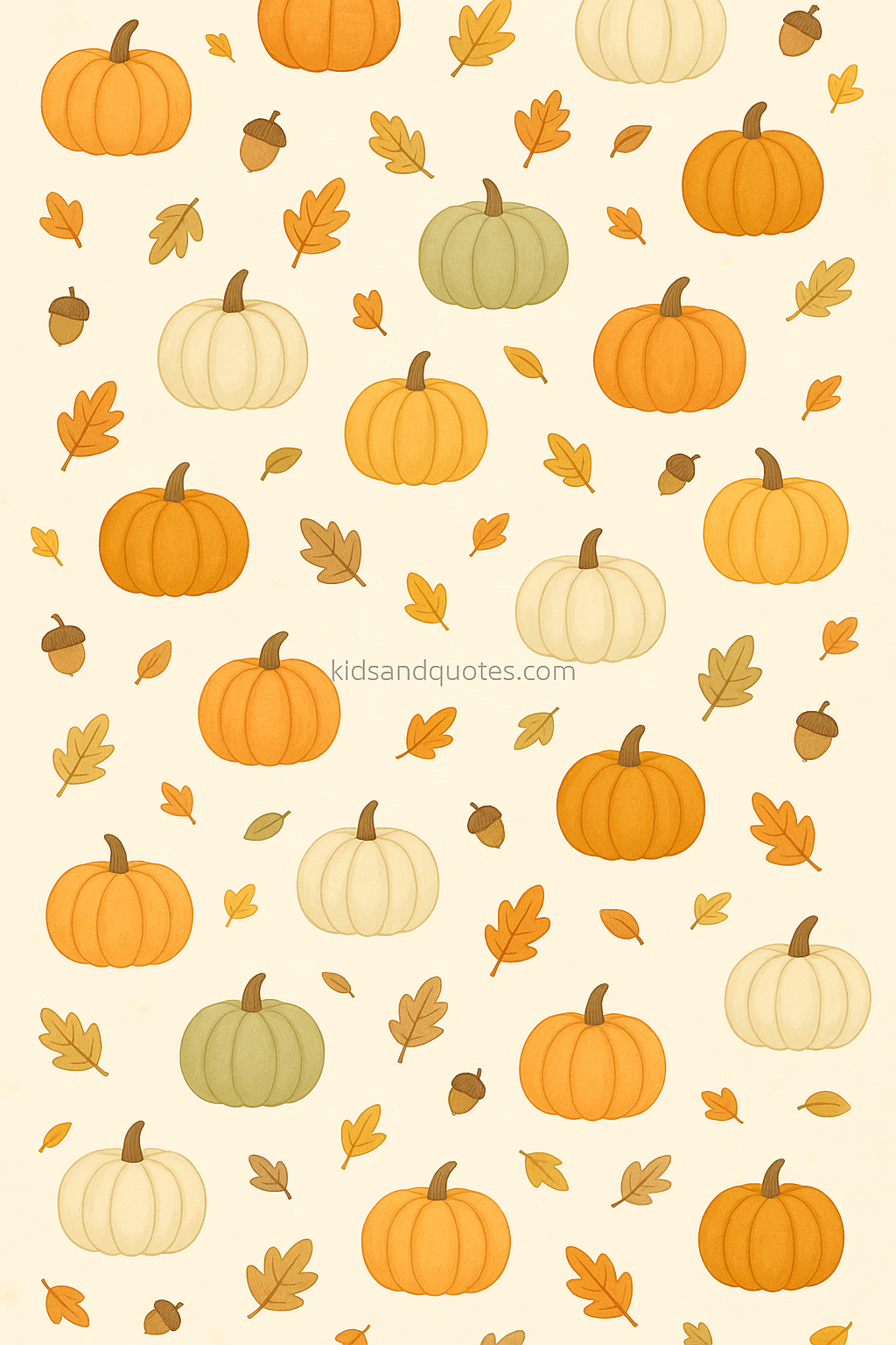 Seamless repeating motif of pumpkins, tiny leaves, acorns, in a balanced grid or scattered layout use flat colors + fine outline so it works as a background pattern.