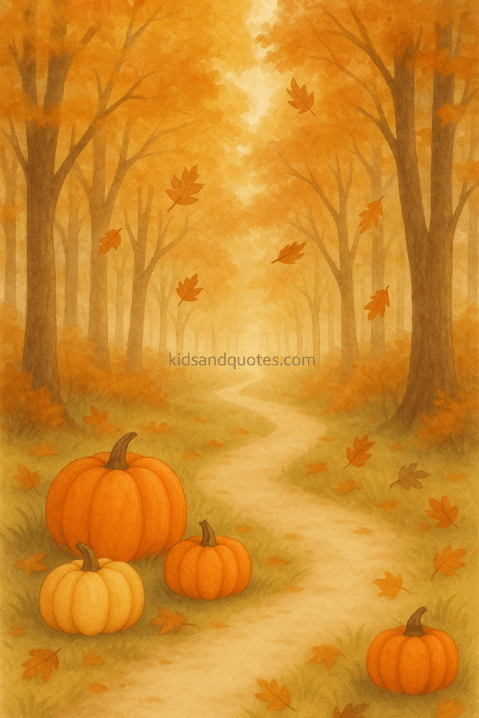 A stylized forest path leading into woods, flanked by pumpkins and falling leaves, with soft perspective, muted autumn tones, light vignette around edges.