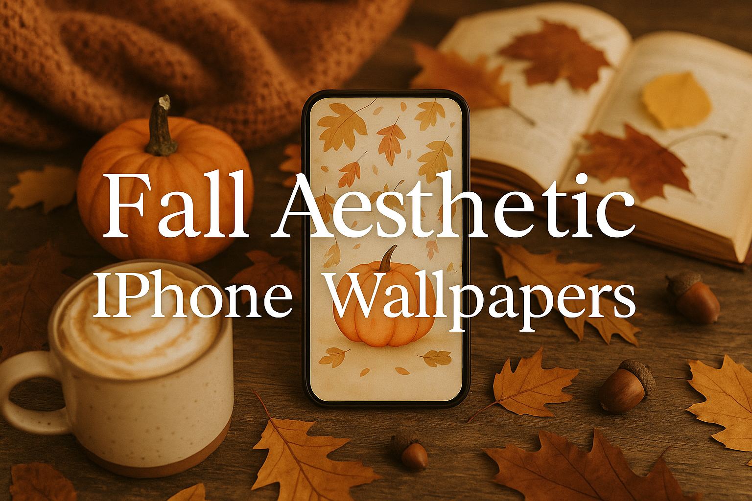 A cozy autumn flat lay featuring an iPhone displaying a fall-themed wallpaper, surrounded by pumpkins, autumn leaves, and a warm drink, with the text “Fall Aesthetic iPhone Wallpapers” elegantly written across the image.