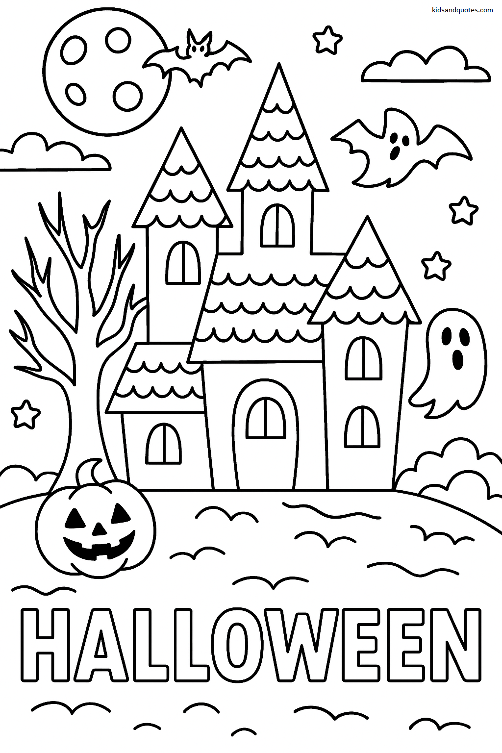 Printable Halloween coloring page featuring a haunted house with tall roofs, a spooky tree, bats, ghosts, stars, and a smiling jack-o’-lantern in front, outlined with thick black lines for easy coloring.